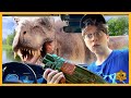 Giant jurassic park trex  raptor dinosaurs chase lb  aaron the funquesters in dino fan film