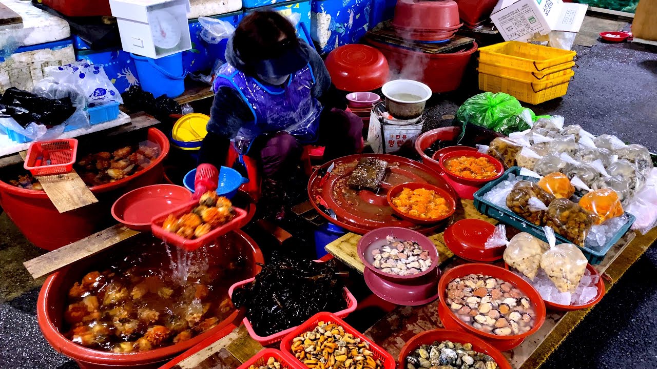 생선 좌판 아주머니가 손질하는 개불, 멍게, 해삼, 전복, 소라, 조개! 통영 어시장 새벽 4시/ Korean various seafood