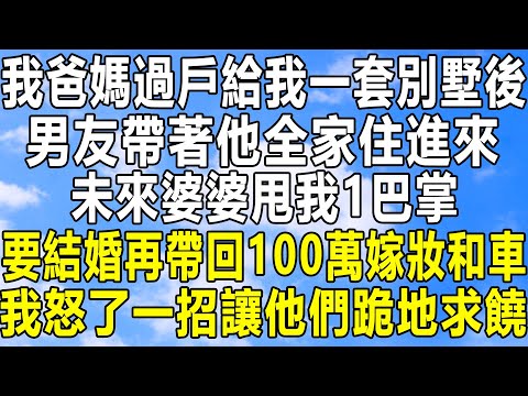 我爸媽過戶給我一套別墅後，男友帶著他全家住進來，未來婆婆甩我1巴掌：要結婚再帶回100萬嫁妝和車！我怒了一招讓他們跪地求饒！#情感秘密 #情感 #民间故事 #家庭 #中年#深夜故事 #為人處世 #老年