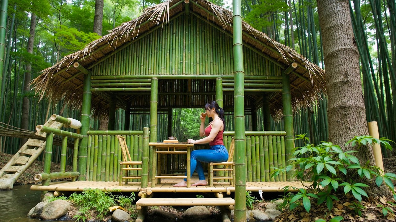 7 Days Alone Bushcraft Camping | Building a Bamboo Roof Shelter ...