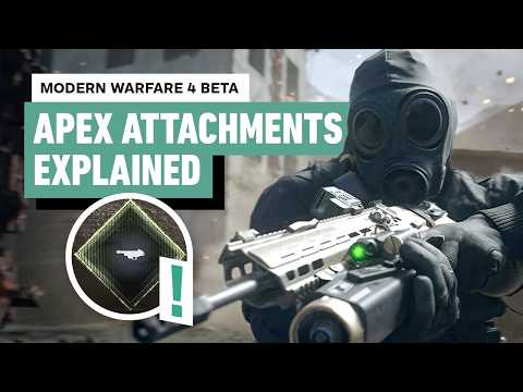 IGN video thumbnail explaining Apex Attachments in the Modern Warfare 4 beta, with a gas-masked operator aiming a rifle