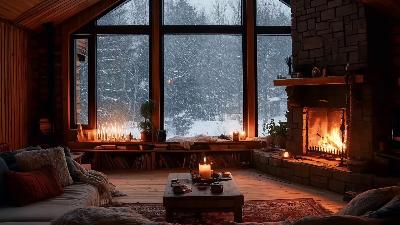 Smooth Jazz | Deep Calm in a Winter Cabin with Snow Outside and Fireplace Ambience