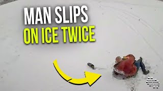 Man Completely Slips on Ice and Then Falls Again Trying to Get Back Up