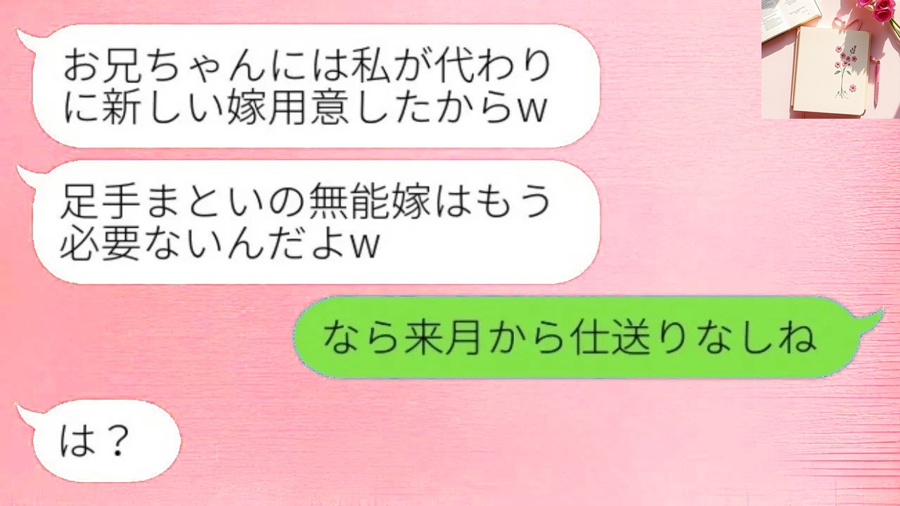 [LINE] 3年間毎月15万円を仕送りした私に義妹が離婚宣言「新しい嫁を用意したw」→強気な義実家が迎えた思わぬ結末www