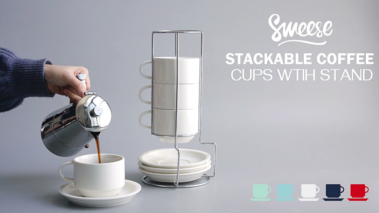 Sweese - Porcelain Stackable Espresso Cups with Saucers and Metal
