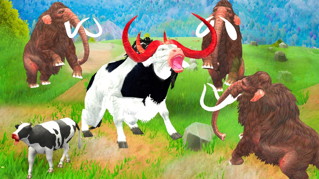 Zombie Bull Fight with Three Mammoth Elephants to Save Cow Cartoon from Giant Bull Animal Attack