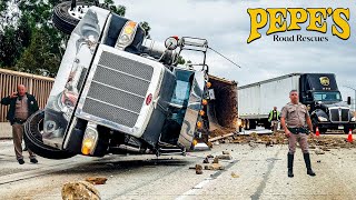 Semi Truck ROLL OVER Blocks Freeway Driver TRAPPED Under Container