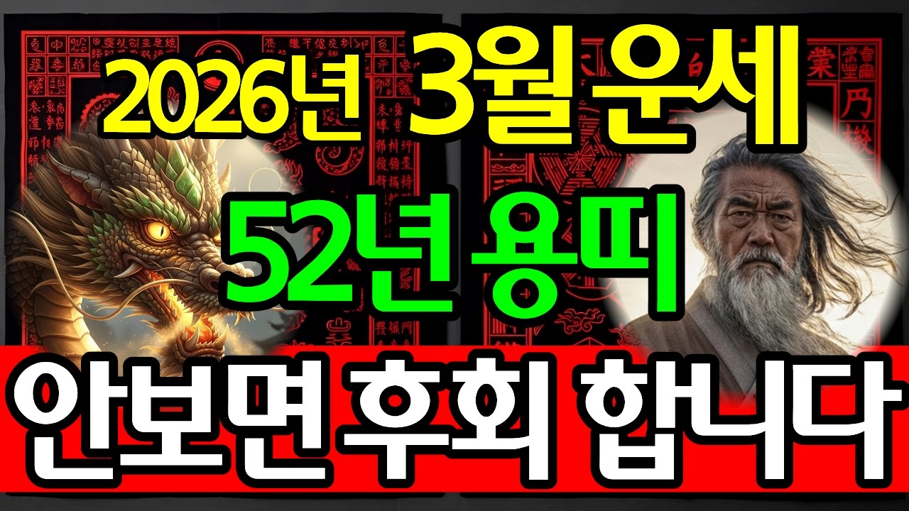 1952년 임진생 용띠, 2026년 丙午年 3월 상세 운세(재물운, 문서운, 건강운, 사업운, 직업운, 대인관계운, 애정운, 가정운, 띠궁합, 성씨궁합) 및 3월 행운 번호 공개