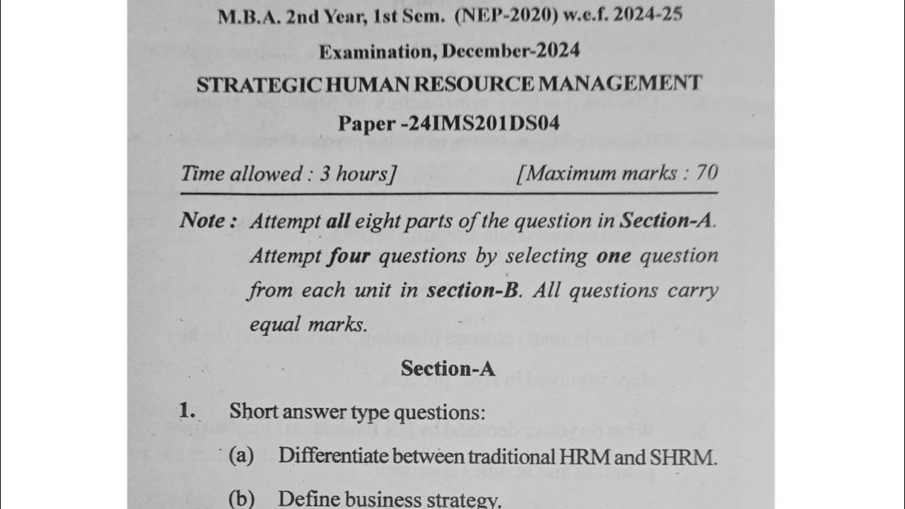 2024 STRATEGIC HUMAN RESOURCE MANAGEMENT MBA 1st|MDU| Previous Year Question Paper 