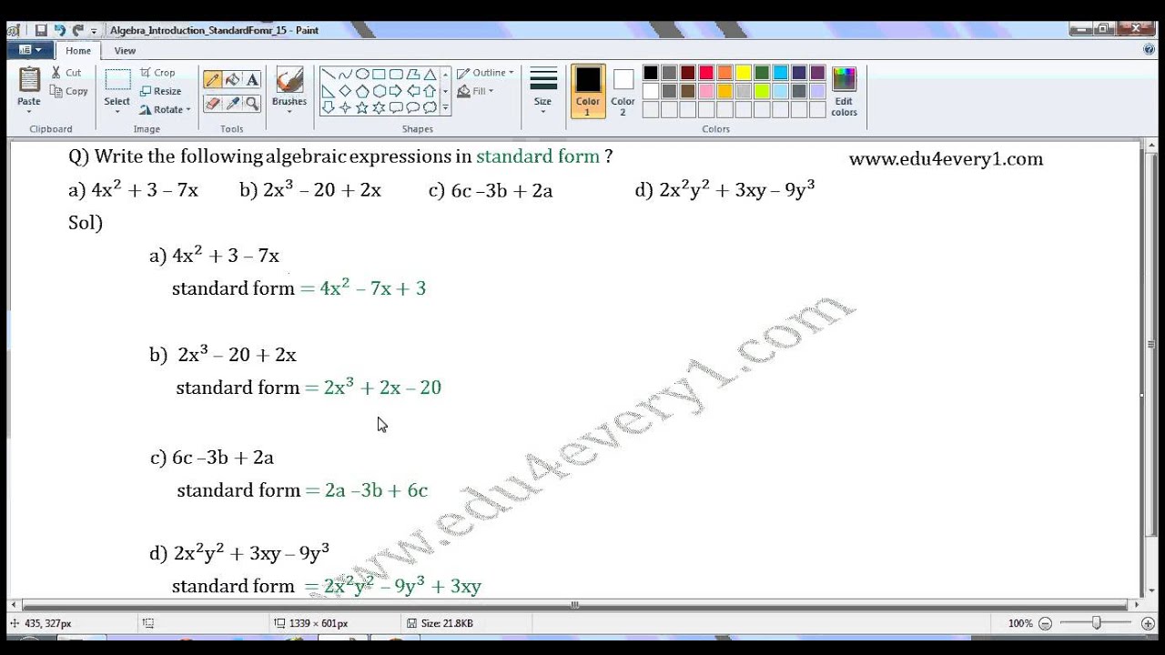 standard form of algebraic expressions