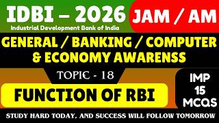 Function of RBI MCQS | Idbi JAM Banking Awareness 2026 | IDBI JAM PDF | IDBI Assistant Manager PDF