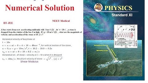 A bus starts from rest accelerating uniformly with 4m/s2 at t = 10s a stone is dropped out of a...