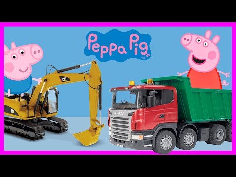 Funny Clown Construction vehicles Bruder Scania Dump Truck Unboxing & Peppa Pig Toys Video for kids