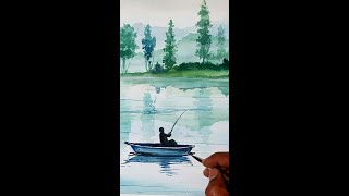 Misty morning green River and Boat water colour painting | Easy step by step