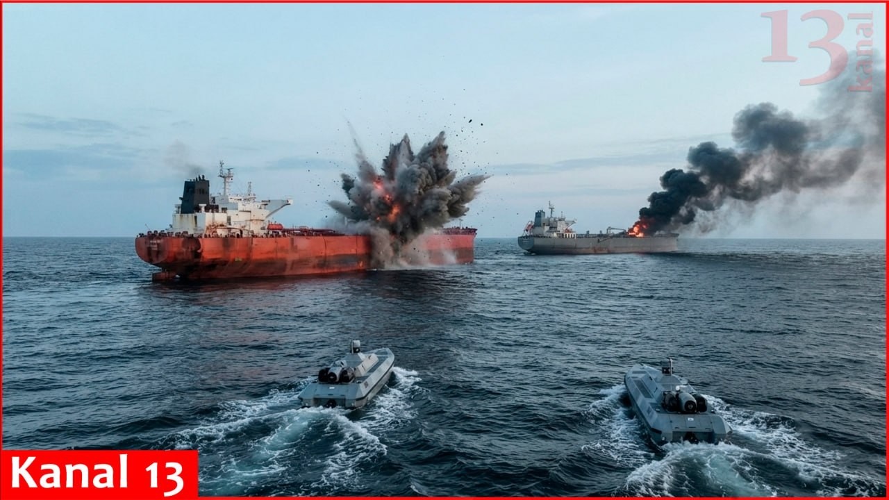 Moment of sea drone attacks on Russian tankers