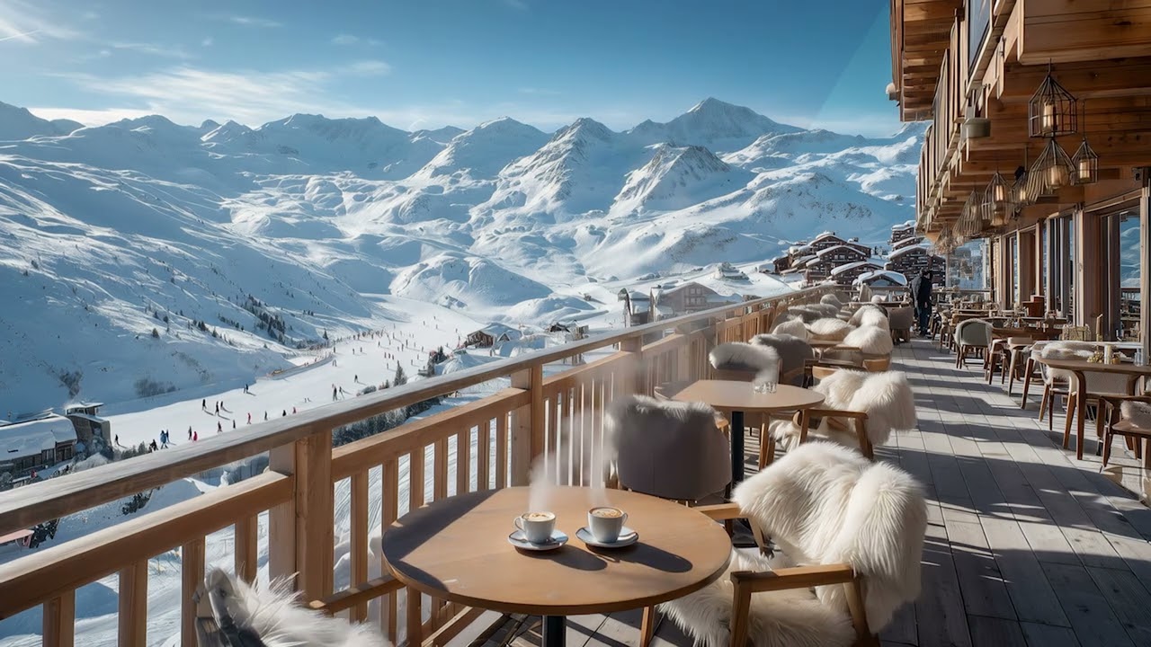 Snowy Après Ski Jazz ☕ Cozy Alpine Terrace Ambience | Calm Background Lounge Music