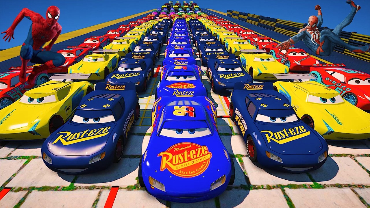 GTA 5 SPIDERMAN Cars Challenge Lightning & Monster McQueen Jackson Storm Miss Fritter & Friends Cars