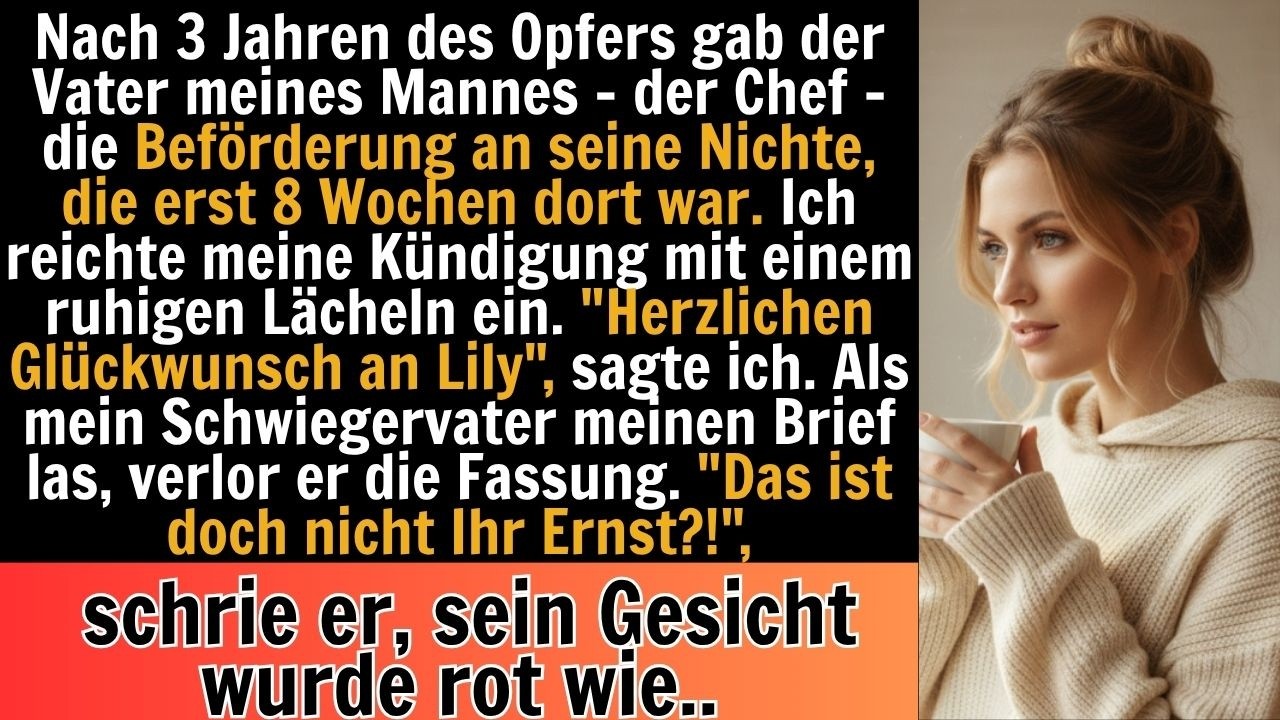 Drei Jahre habe ich diese Abteilung von zwölf auf siebenundvierzig Mitarbeiter aufgebaut. Drei Jahre, in denen ich Geburtstage und Familienessen verpasst habe. Und dann hob mein Schwiegervater...