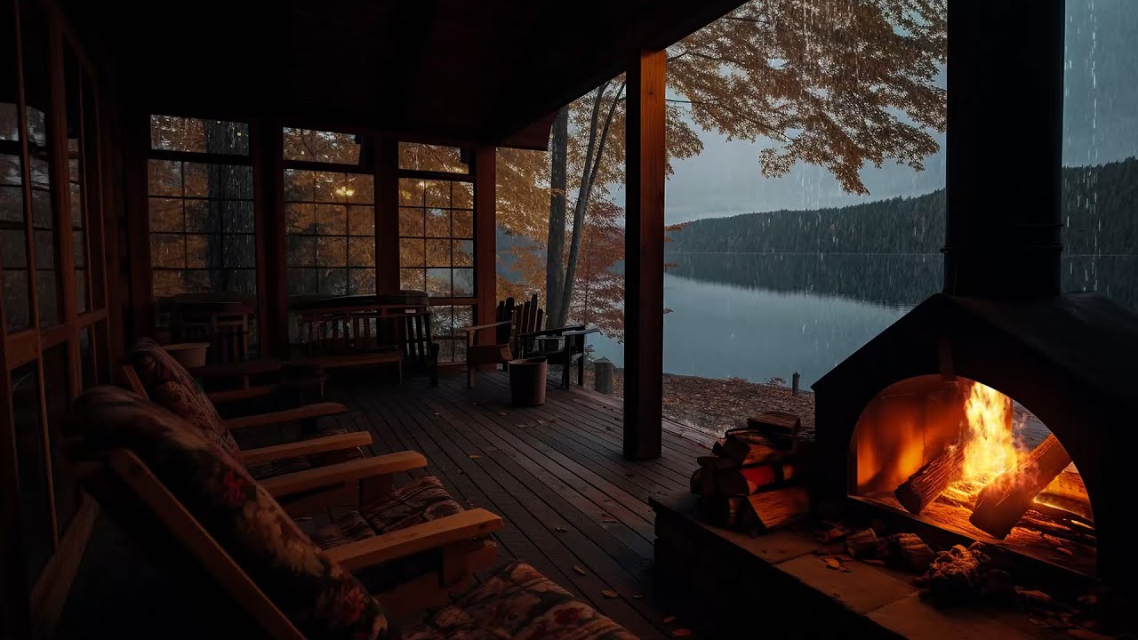 Gentle Rain Falls by the lake with Soothing Fireplace Crackling in Cozy ...