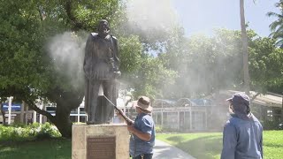 Crews Cleanup Statues Vandalized During Downtown Miami Protest