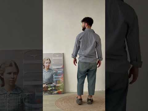 Сорочка чоловіча лляна повсякденна вільного крою з відкладним коміром Brew сіра, видео 1