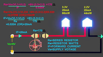 3.3v &2.2v LED how to connect 9v circuit, how to calculate led series resistor, watts,volt,amps
