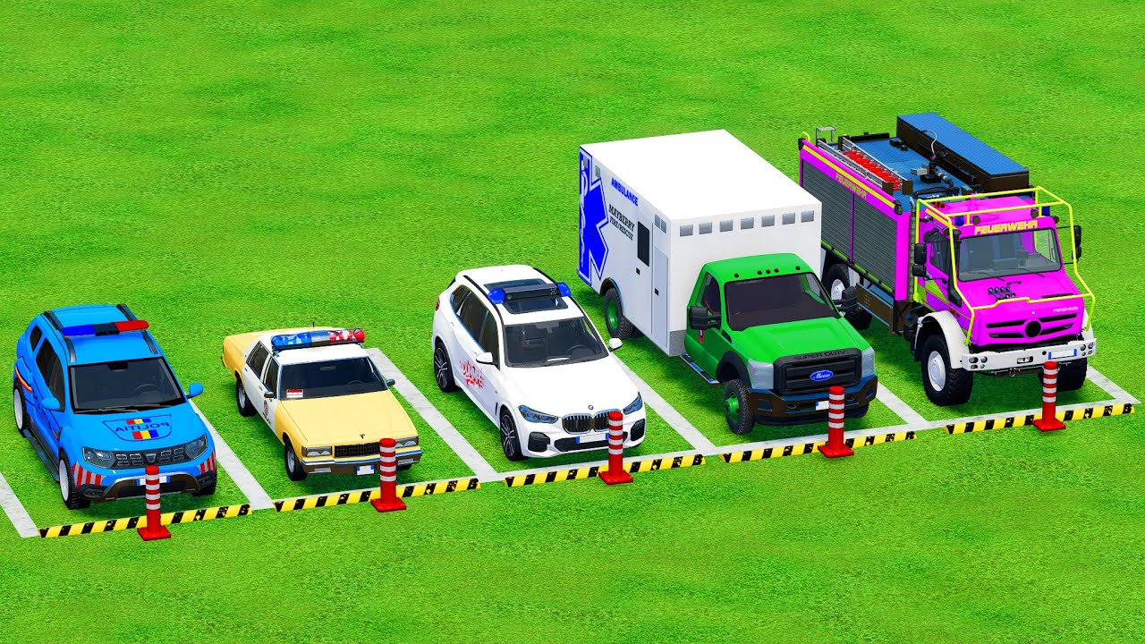 TRANSPORTING POLICE CARS, AMBULANCE, FIRE TRUCK, COLORFUL CARS WITH TRUCK -FARMING SIMULATOR 22!