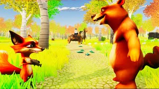El oso bonachón y el zorro astuto en el bosque, animación 3D