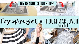 DIY FARMHOUSE Craft Room Makeover - Episode 1| DIY Granite Counter Tops | Craft room Organization ❤