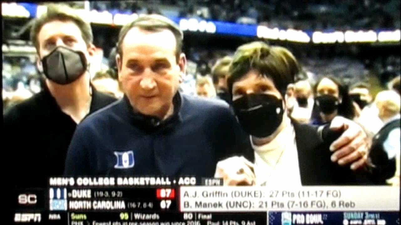 COACH K MIKE KRZYZEWSKI FINAL CHAPEL HILL SWAN SONG UNC NORTH CAROLINA w/ A DUKE EXCLAMATION POINT!
