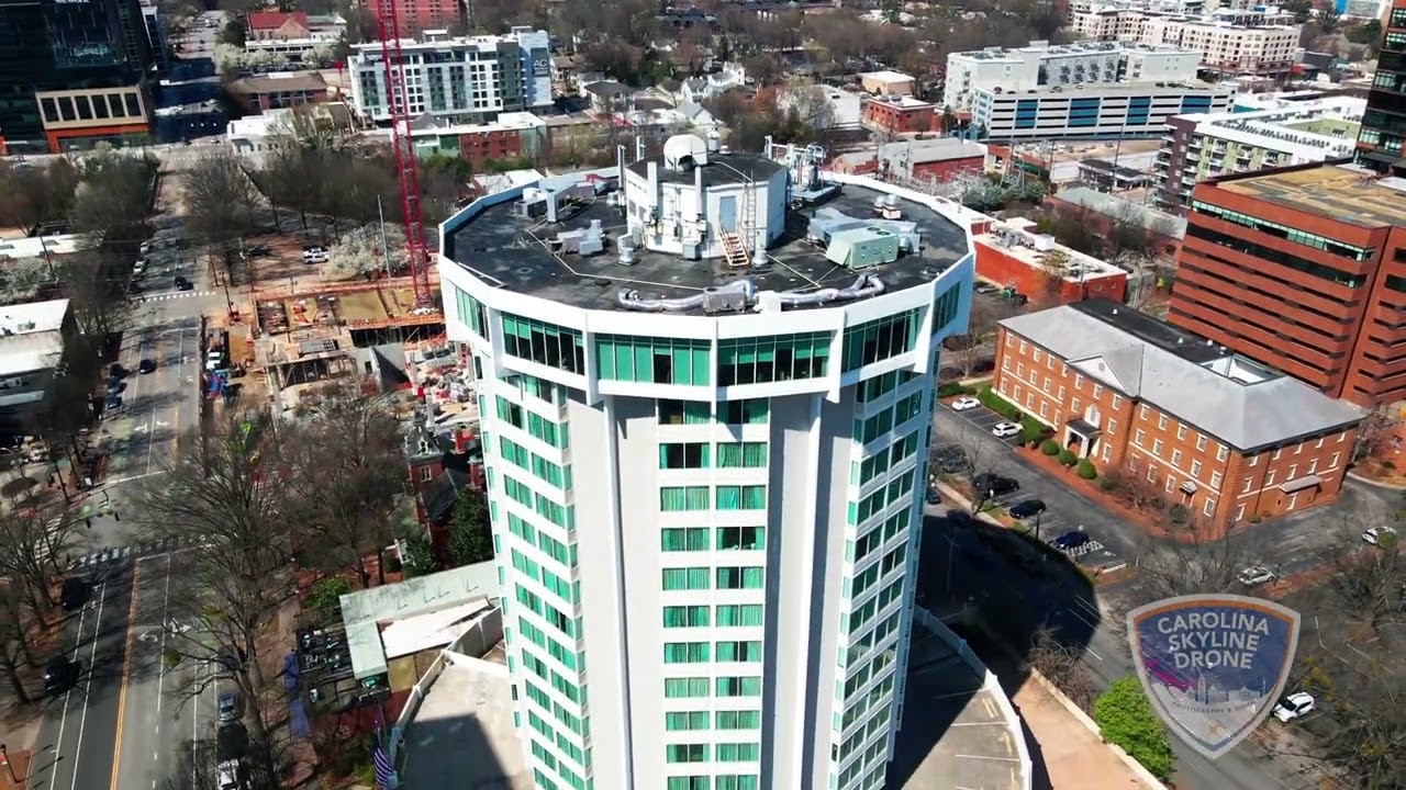 4K drone video of to-be-demolished round Holiday Inn in Raleigh, North Carolina