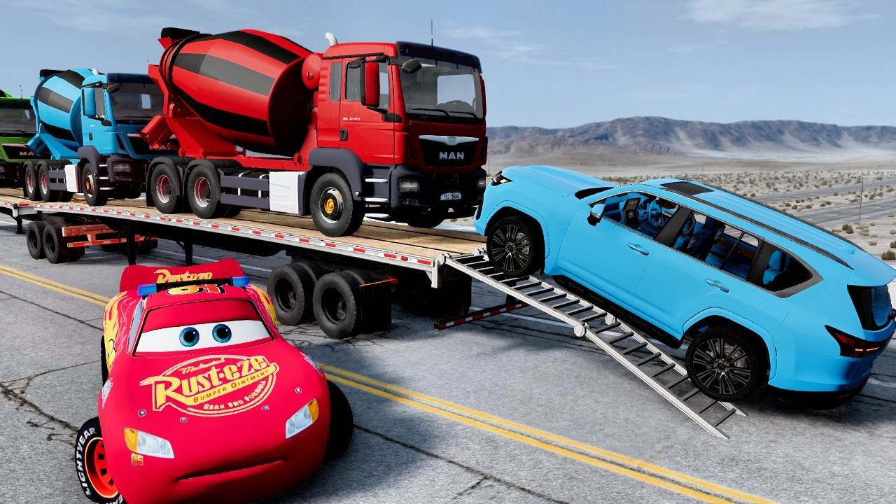 Flatbed Truck Mcqueen  Transportation with Truck   Pothole vs Car #45  BeamNG Drive 3