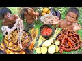 Wilderness cooking cook pigintestinevs vegetables injugle at lake eating delicious mr eat 000174