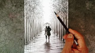 How to draw a landscape pencil drawing of a couple with an umbrella?