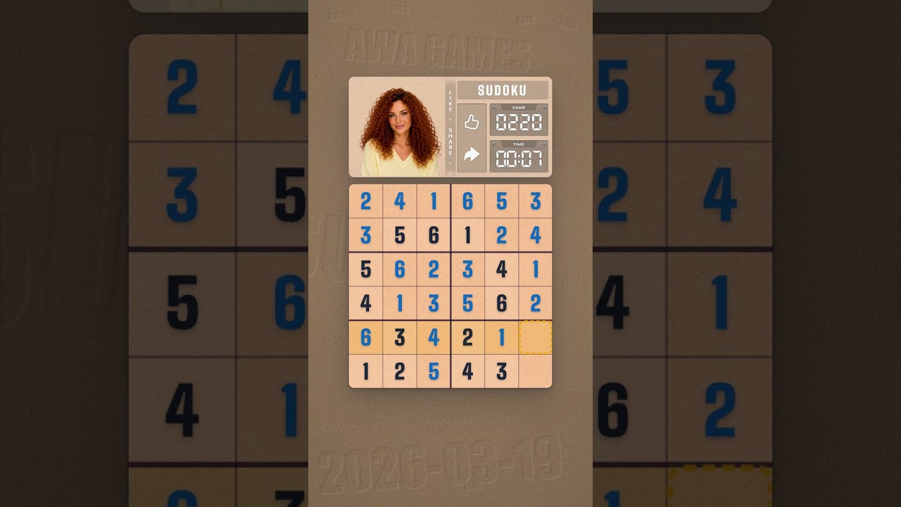 LinkedIn Mini Sudoku #220 solved board for March 19, 2026, 6x6 grid