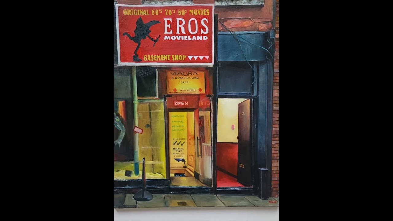 Oil painting of the Eros Movieland sex shop in Soho, London 