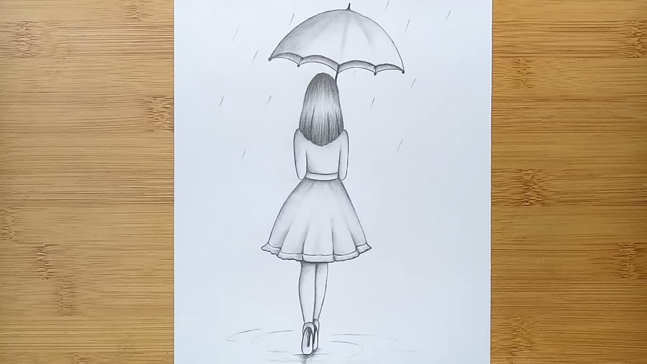 Premium Vector | Elegant girl wearing autumn clothes goes under umbrella.  vector hand drawing. view back.
