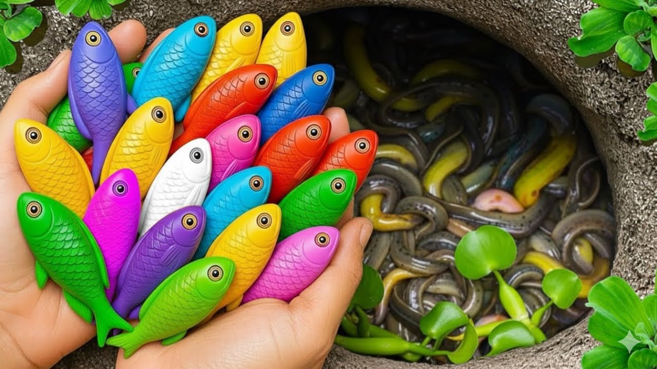 Catch Rare Fish, baby Turtle, ornamental, koi, guppies In small garden hidden on Easter eggs 