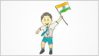 How to draw a Indian school kid hoisting flag of India step by step