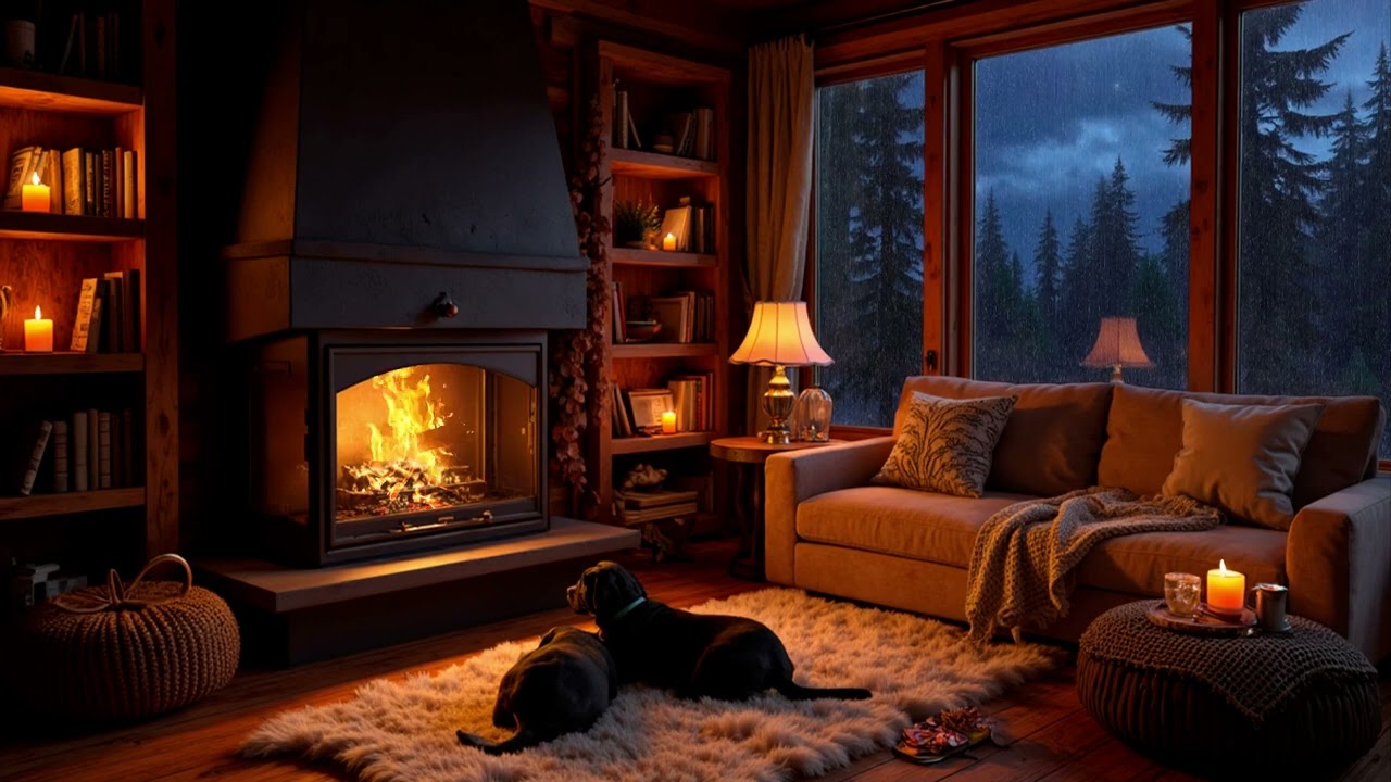 Rainy Evening Inside a Warm Fireplace Living Room | Cozy Cabin Night for Deep Sleep & Relaxation