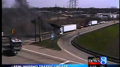 Semi-truck catches fire on exit ramp