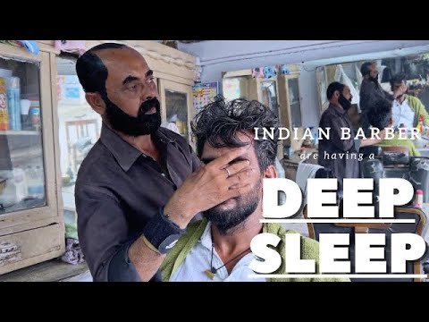 Having Deep Sleep in Indian Barber shop Deep pressure Head Massage with neck crack.