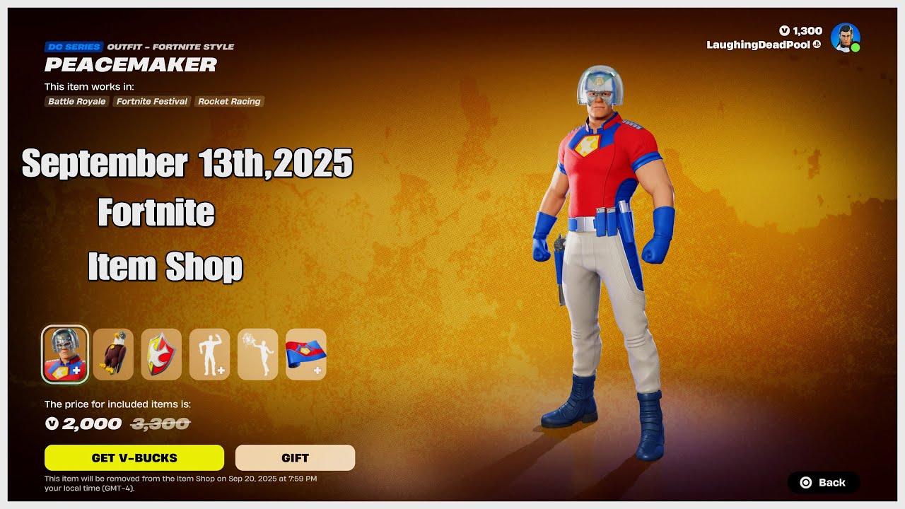 Peacemaker has appeared in the (September 13th,2025) Fortnite Item Shop Showcase