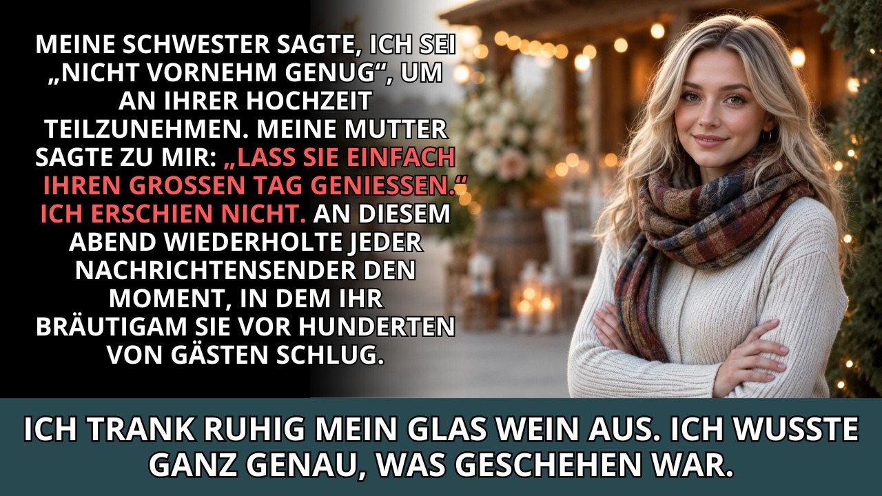 „Lena, du darfst nicht zu meiner Hochzeit kommen – dein Hintergrund ist zu niedrig.“ Ich dachte, meine Schwester macht einen Scherz. Bis ich ihren letzten Satz las und merkte, dass sie es ernst...