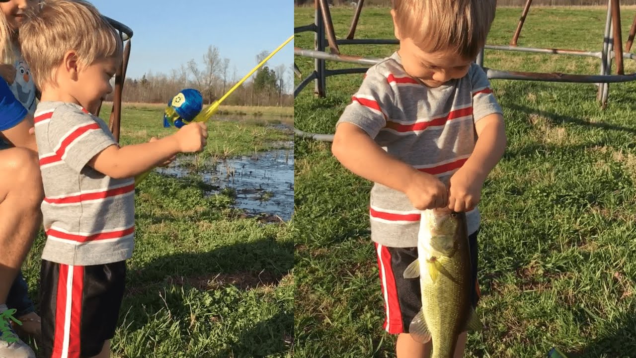 Little Boy Catches Huge Fish with Toy Rod 