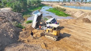 The Best Dump Truck 25Ton Delivery Fail Loading And Cover Back By Both Excavator and Mini Bulldozer