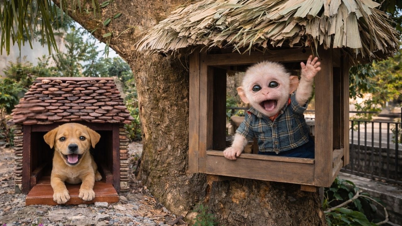 Little Monkey Baba and Bon the Dog Are Happy in Their Own Homes — No More Fighting Over Space
