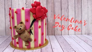 Valentine's Day Cake with a Cute Teddy Bear, Hearts Balloons and Buttercream Striped Pattern Cake