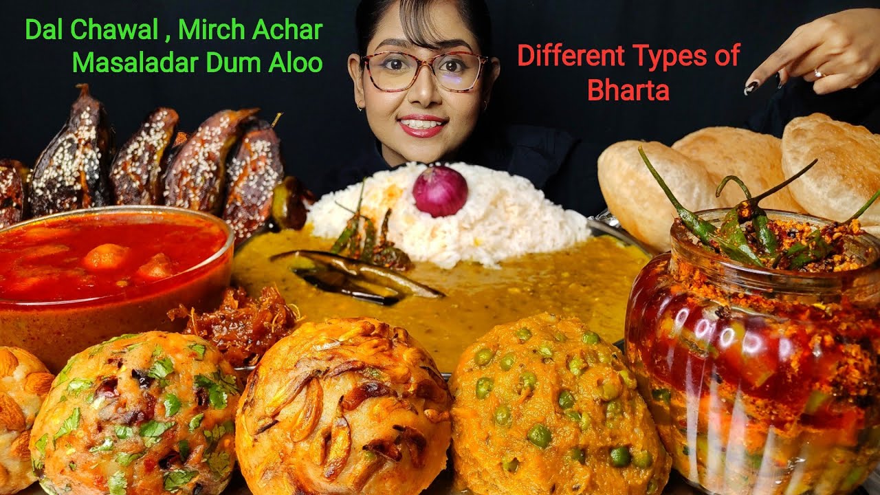 Eating Bharta, Achar, Spicy Dum Aloo, Poori, Dal Chawal, Bhaji | Big bites | Asmr Eating | Mukbang
