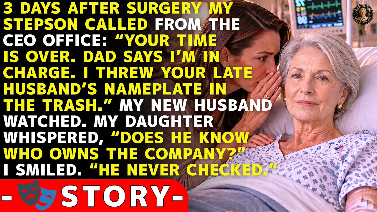 Three days after my emergency surgery, my new husband's son called me from the CEO office of the company my late husband and I built. "Your time is over, old lady," he sneered. "Dad says I'm in...